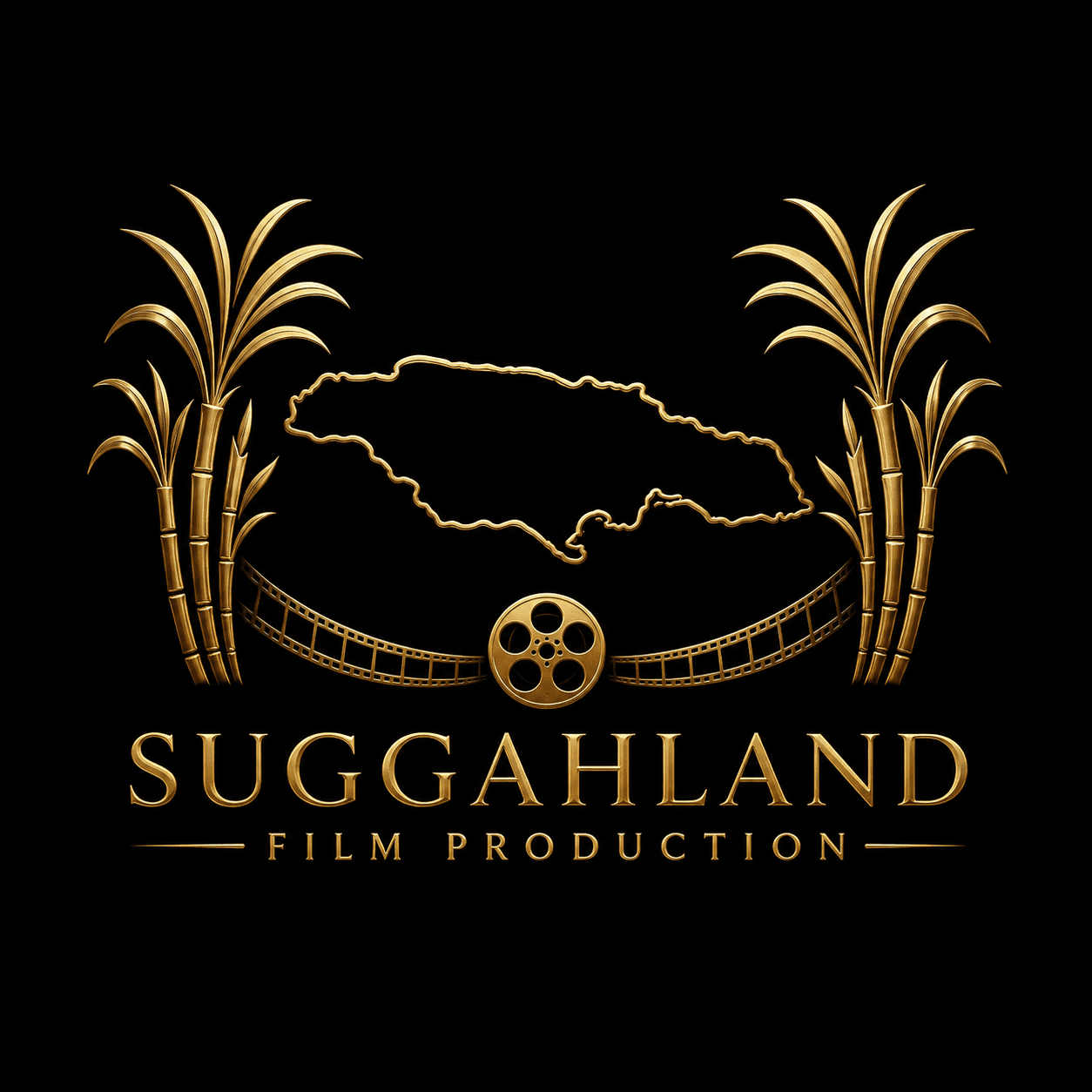 Suggahland Film Production — the outline of Jamaica framed by sugarcane above a film reel