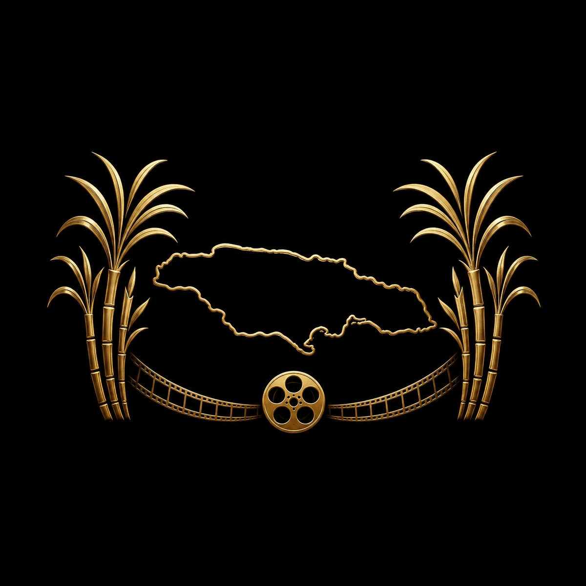 The Suggahland emblem: the single-line outline of Jamaica between sugarcane pillars, over a strip of film